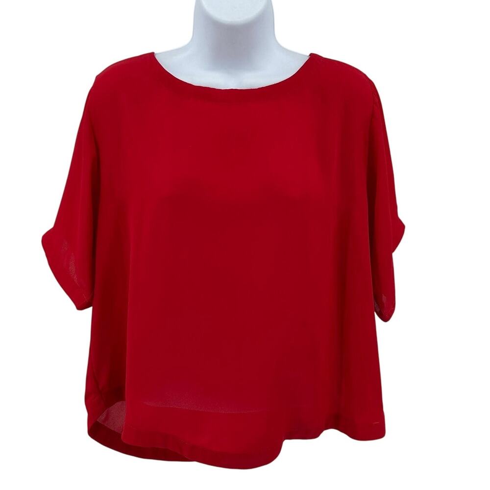 Bobeau Top WMNS S Oversized Boxy Chiffon Red Pullover Round Neck Short Sleeves